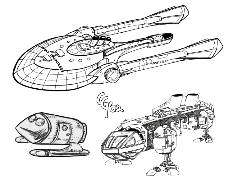Image of Cory Gross' original ship concepts of Dauntless, Frigate and Shuttle