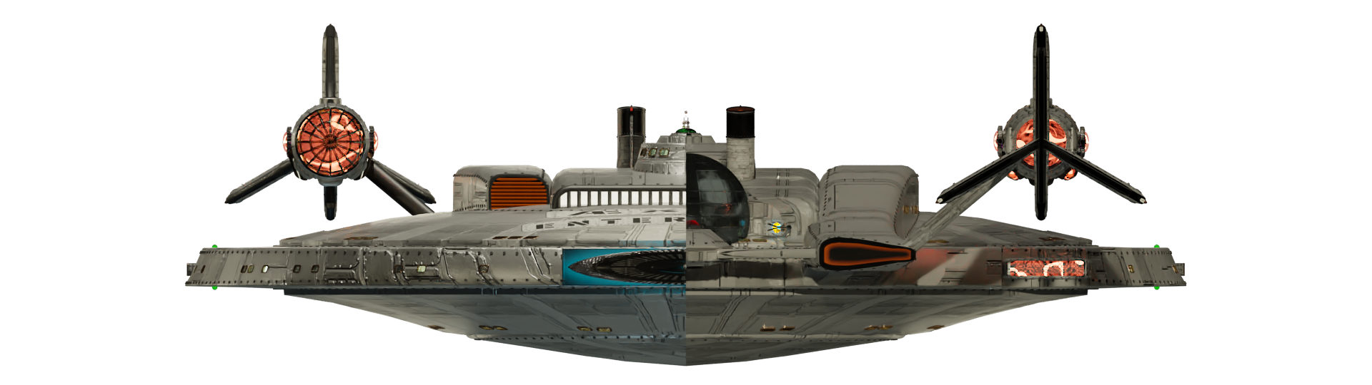 Image of the steampunk, steam powered starship HMS AEX ENTERPRISE from Steam Trek - Forward/Aft View