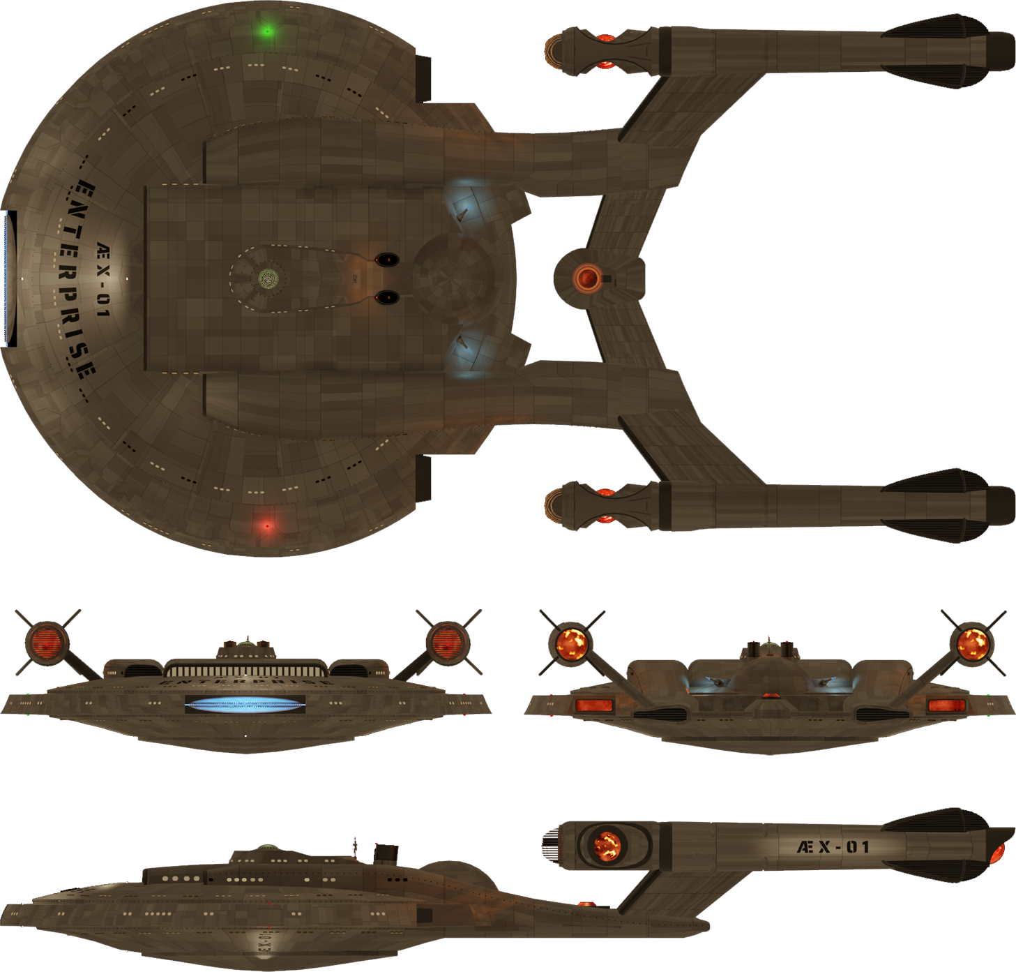 Port, Dorsal, Forward and Aft views of the AEX-01 'Enterprise'