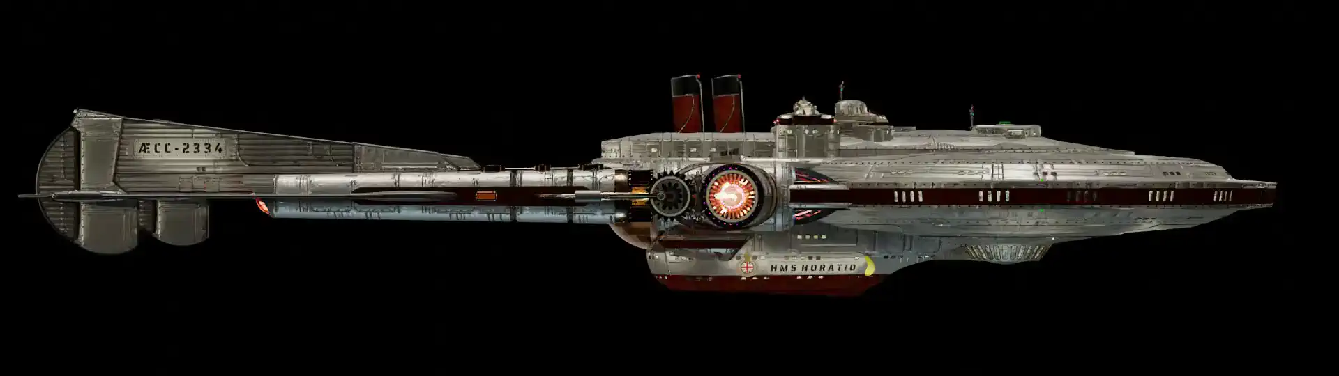 Animated, rotating 3D image of the steampunk, steam powered starship HMS HORATIO from Steam Trek Animated, rotating 3D image of the steampunk, steam powered starship HMS HORATIO from Steam Trek