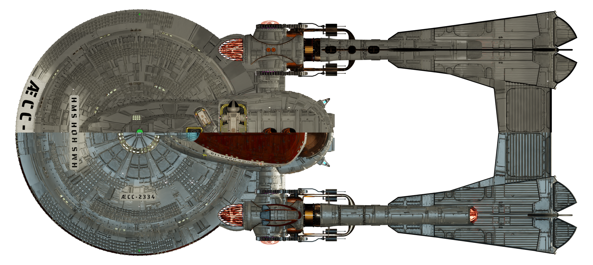 Image of the steampunk, steam powered starship HMS HORATIO from Steam Trek - Deck/Keel View Image of the steampunk, steam powered starship HMS HORATIO from Steam Trek - Deck/Keel View