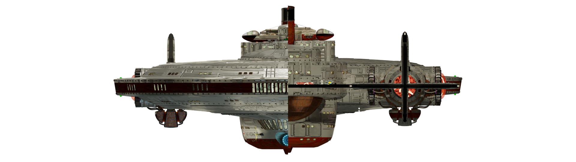 Image of the steampunk, steam powered starship HMS HORATIO from Steam Trek - Fore/Aft View Image of the steampunk, steam powered starship HMS HORATIO from Steam Trek - Fore/Aft View