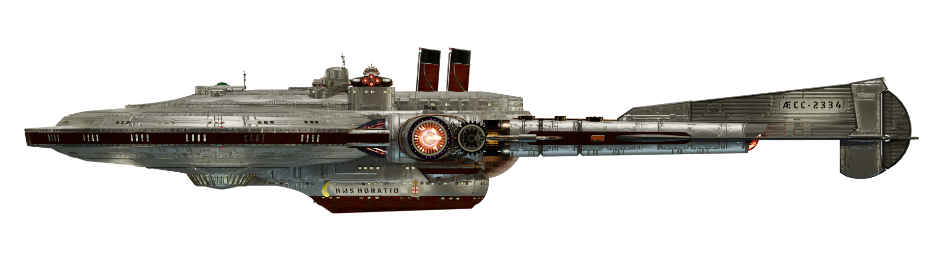 Image of the steampunk, steam powered starship HMS HORATIO from Steam Trek - Port View