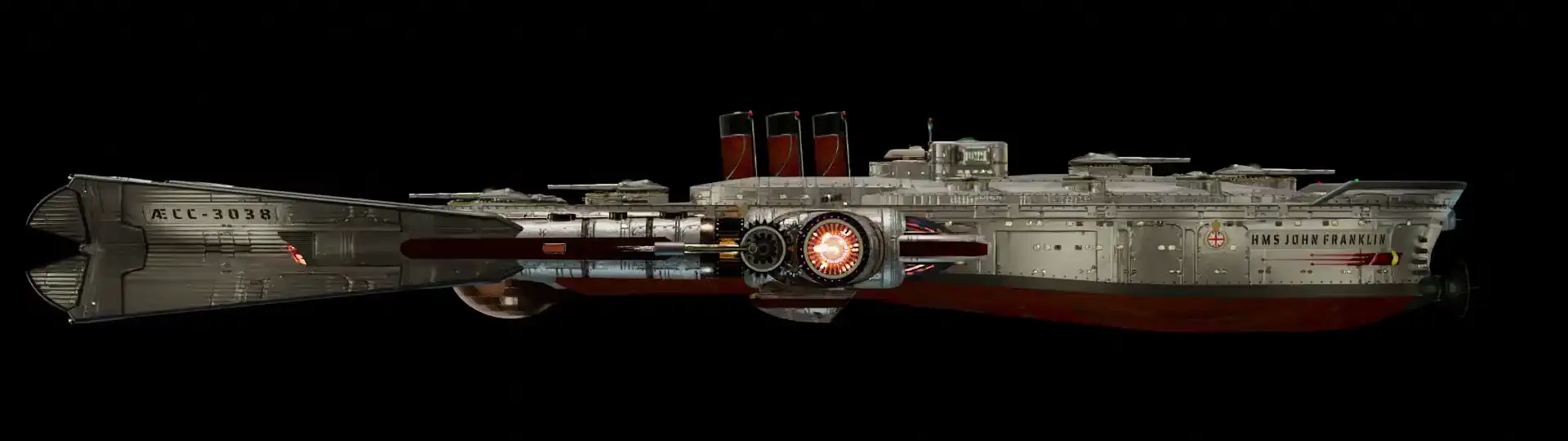 Animated, rotating 3D image of the steam powered starship HMS JOHN FRANKLIN from Steam Trek