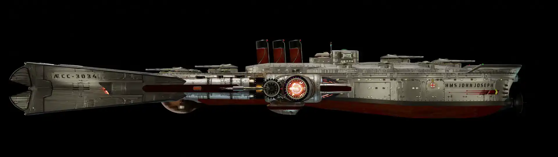 Animated, rotating 3D image of the steam powered starship HMS JOHN JOSEPH from Steam Trek