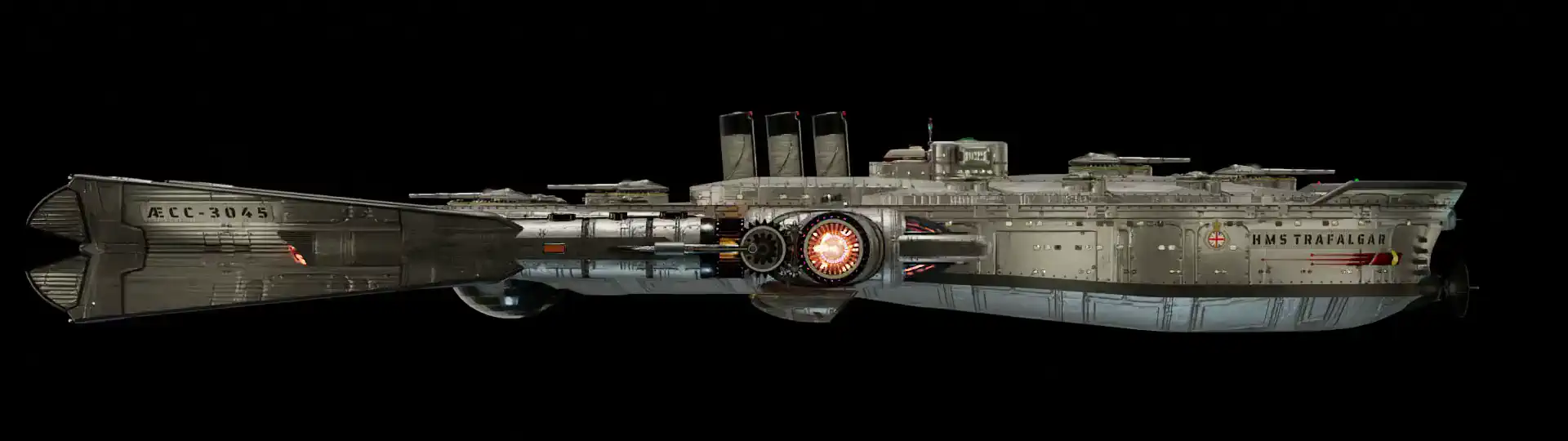 Animated, rotating 3D image of the steam powered starship HMS TRAFALGAR from Steam Trek