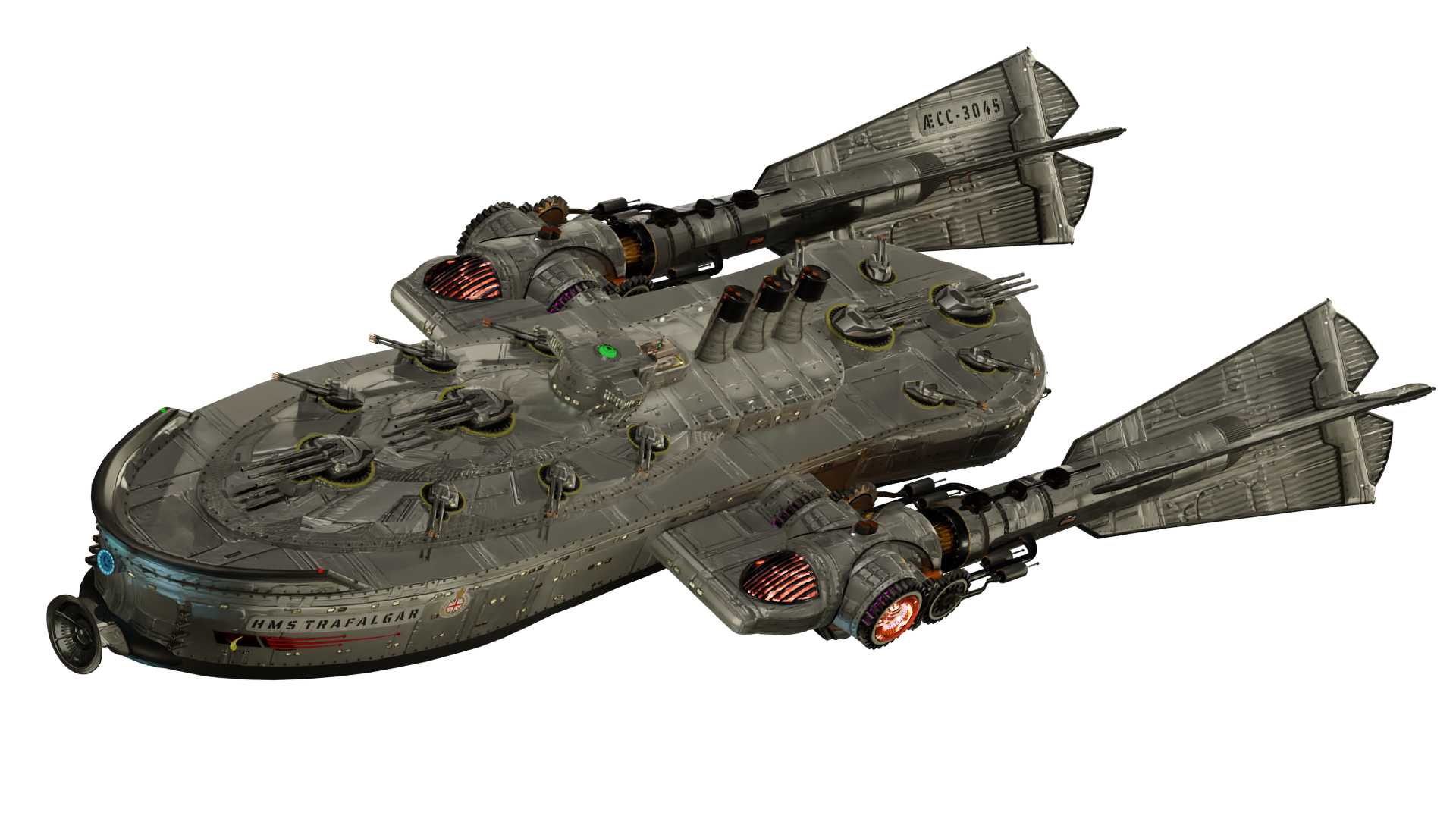 Image of the steam powered starship HMS TRAFALGAR from Steam Trek - Action Shot