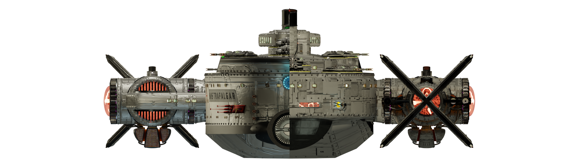 Image of the steam powered starship HMS TRAFALGAR from Steam Trek - Forward/Aft View