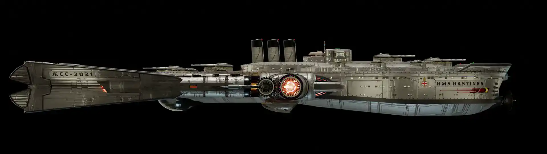 Animated, rotating 3D image of the steam powered starship HMS HASTINGS from Steam Trek