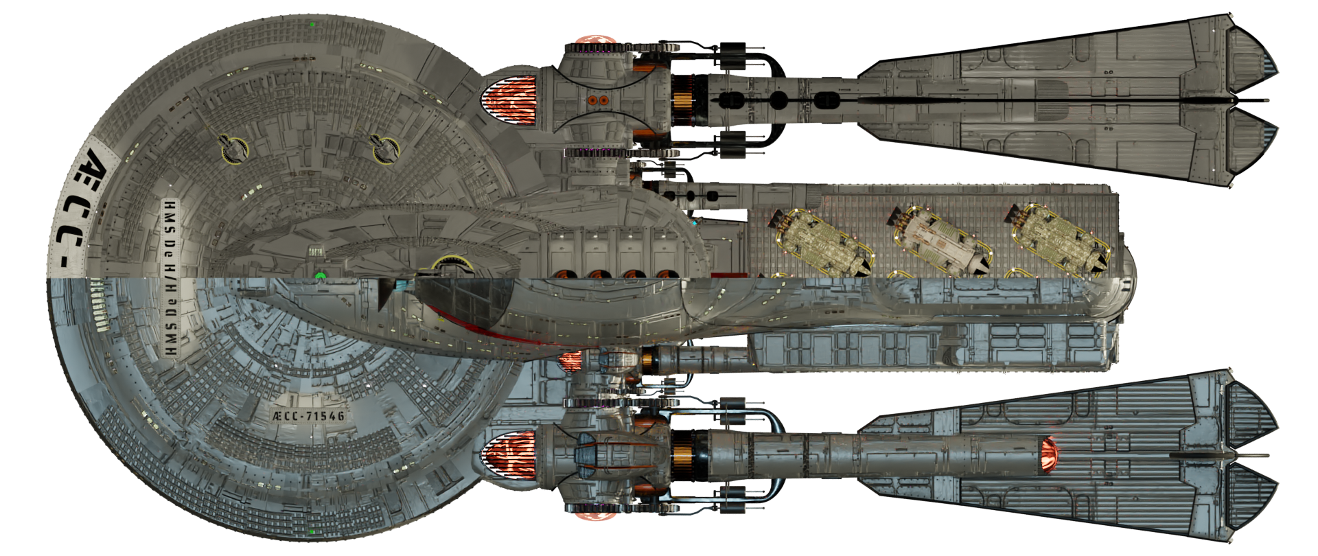 Image of the steam powered starship HMS De HAVILLAND from Steam Trek - Deck/Keel View