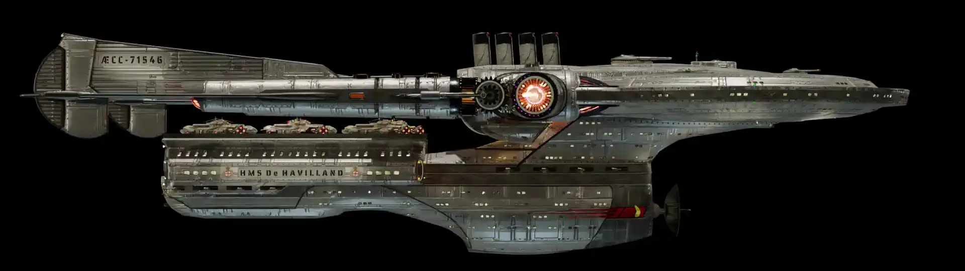 Animated, rotating 3D image of the steam powered starship HMS De HAVILLAND from Steam Trek