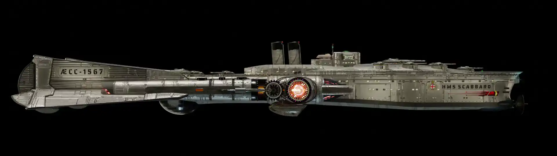Animated, rotating 3D image of the steam powered starship HMS SCABBARD from Steam Trek