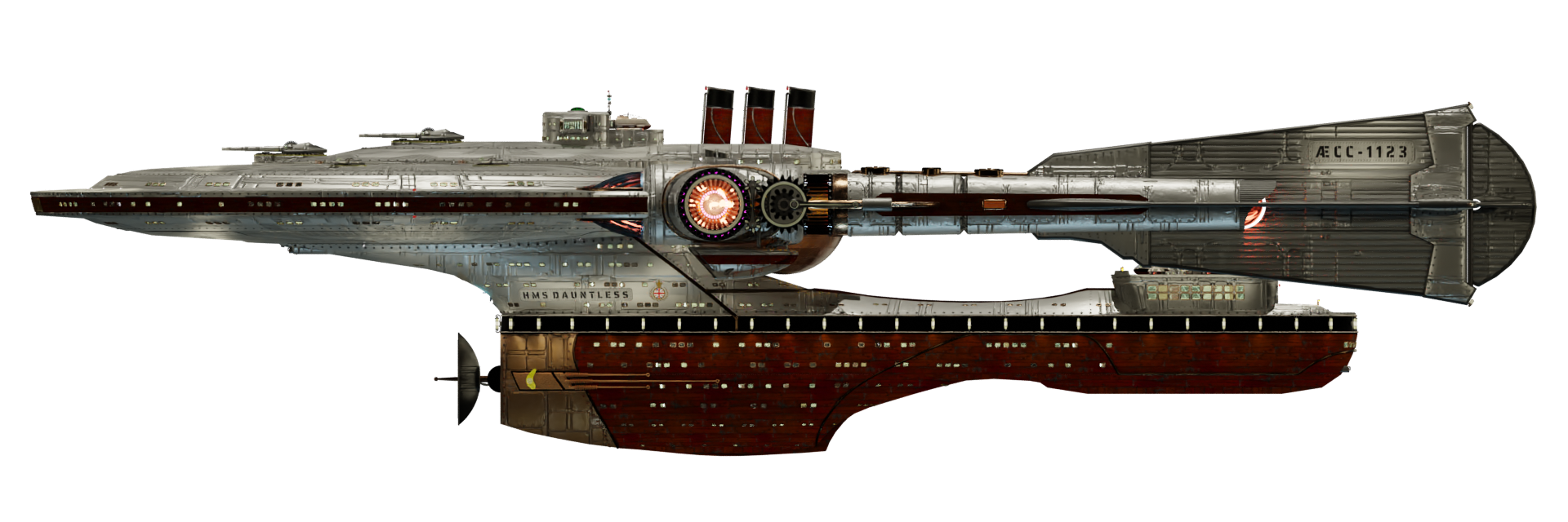 Image of the steampunk, steam powered starship HMS DAUNTLESS from Steam Trek - Port View