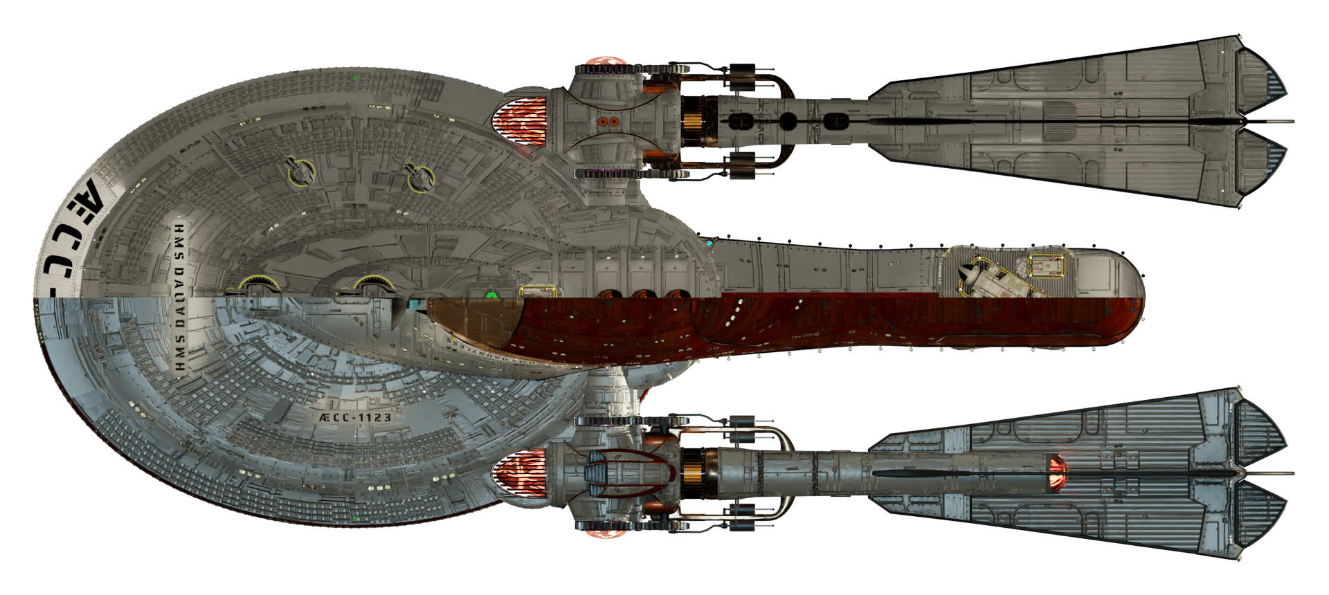 Image of the steampunk, steam powered starship HMS DAUNTLESS from Steam Trek - Deck/Keel View