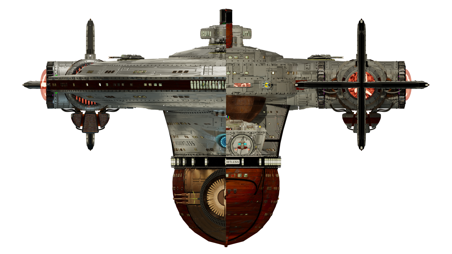 Image of the steampunk, steam powered starship HMS DAUNTLESS from Steam Trek - Forward/Aft View