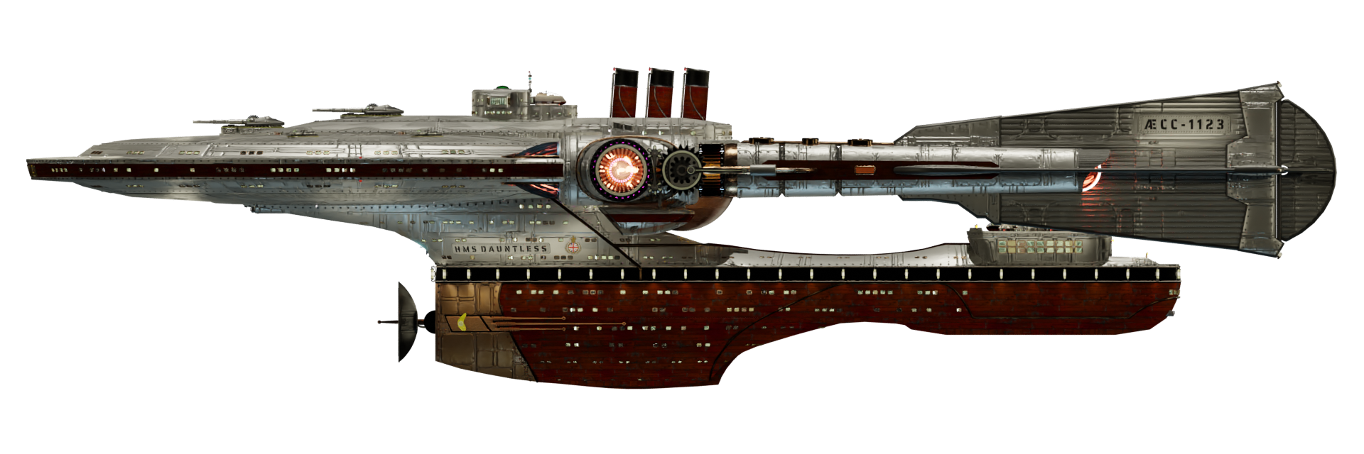 Image of the steampunk, steam powered starship HMS DAUNTLESS from Steam Trek - Port View