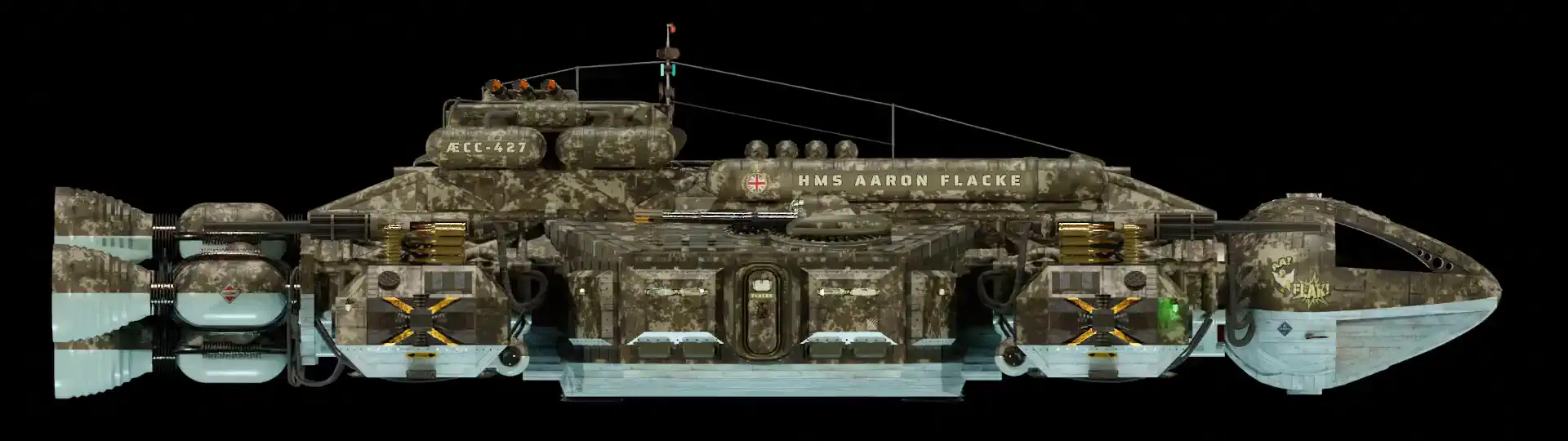 Animated, rotating 3D image of the steam powered starship HMS AARON FLACKE from Steam Trek