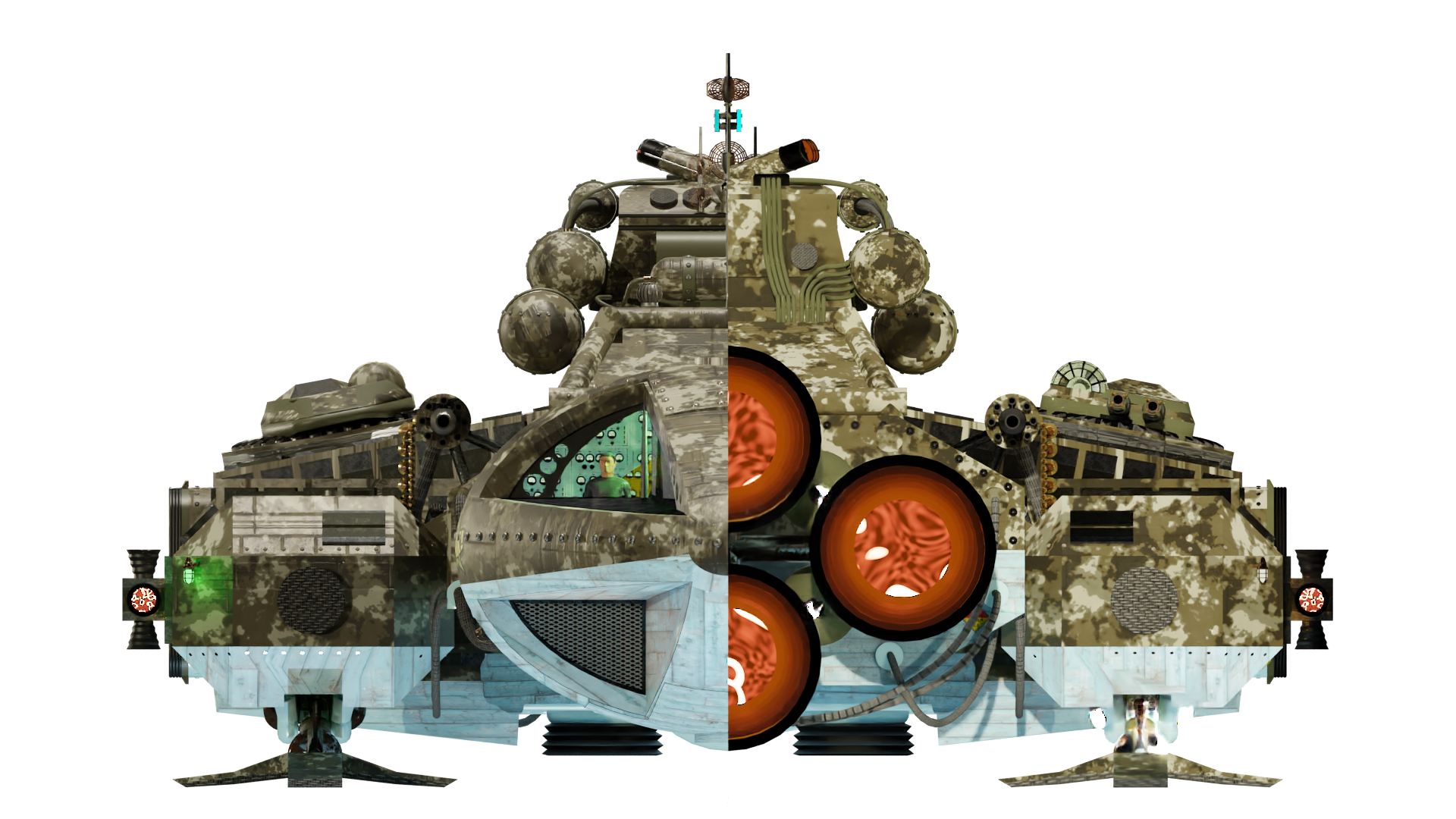 Image of the steam powered starship HMS AARON FLACKE from Steam Trek - Forward/Aft View