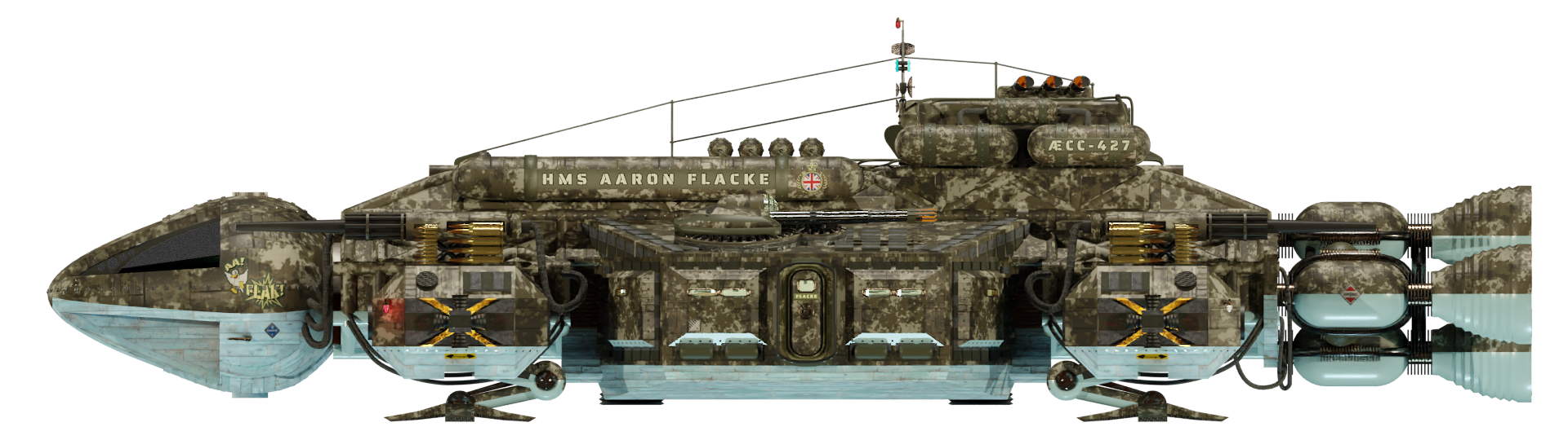 Image of the steam powered starship HMS AARON FLACKE from Steam Trek - Port View