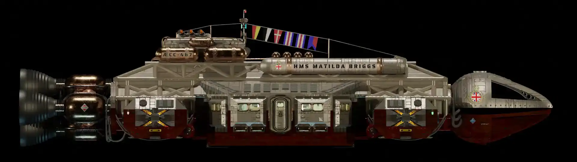 Animated, rotating 3D image of the steam powered starship HMS MATILDA BRIGGS from Steam Trek