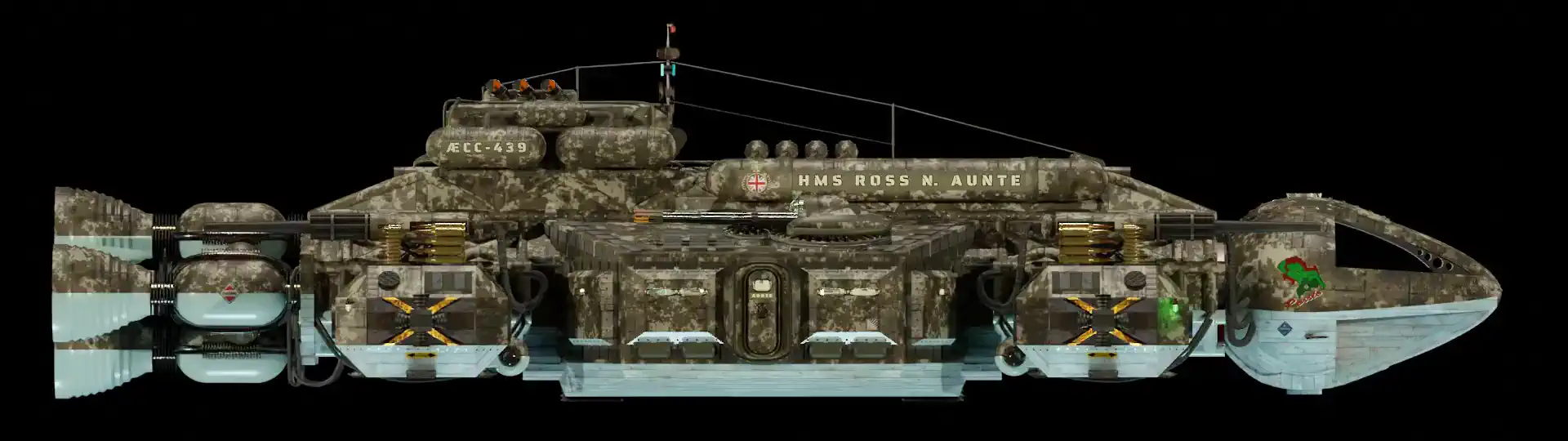 Animated, rotating 3D image of the steam powered starship HMS ROSS N. AUNTE from Steam Trek