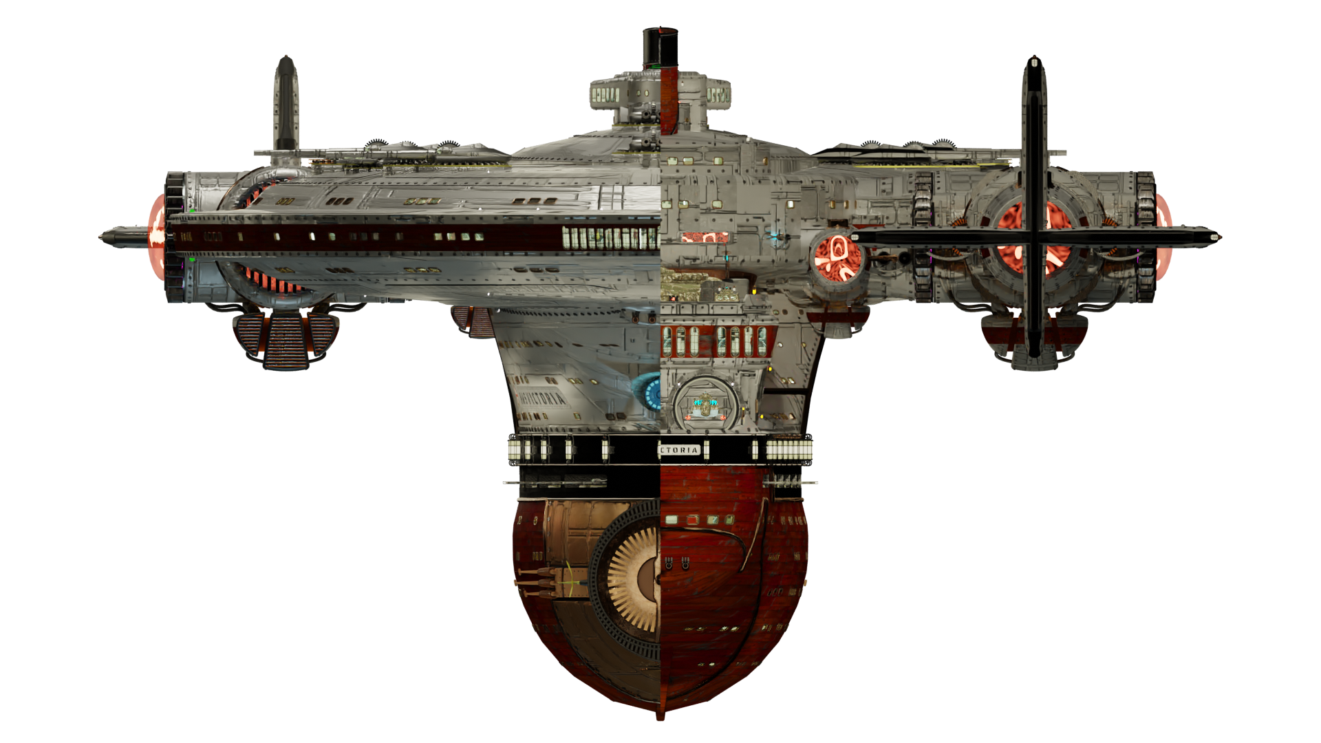 Image of the steam powered starship HMS VICTORIA from Steam Trek - Forward/Aft View