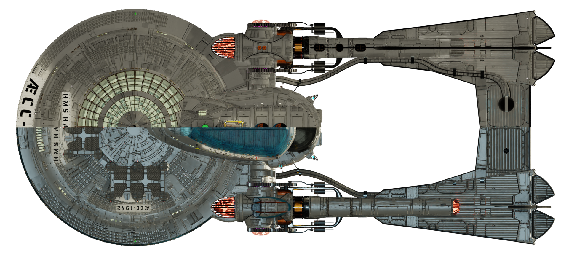 Image of the steam powered starship HMS HAWKING from Steam Trek - Deck/Keel View