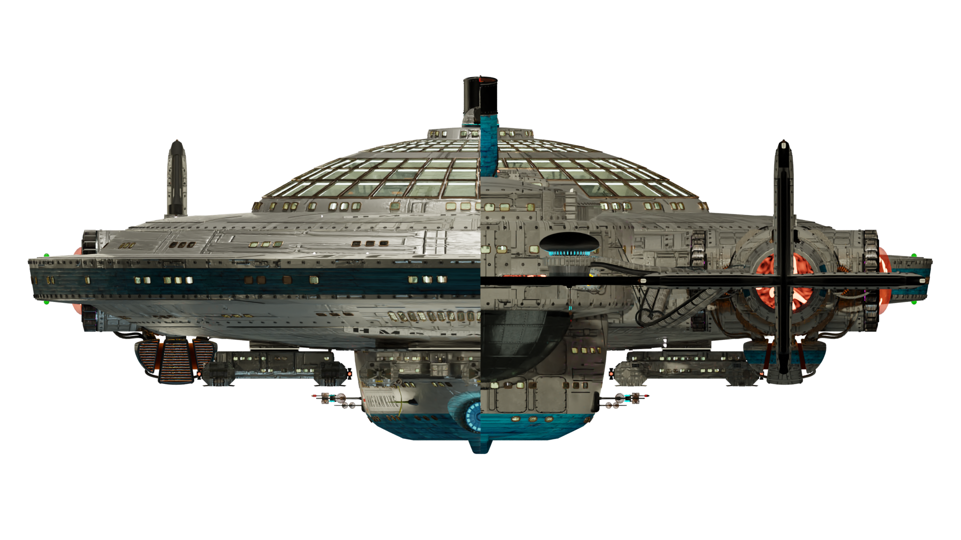 Image of the steam powered starship HMS HAWKING from Steam Trek - Forward/Aft View