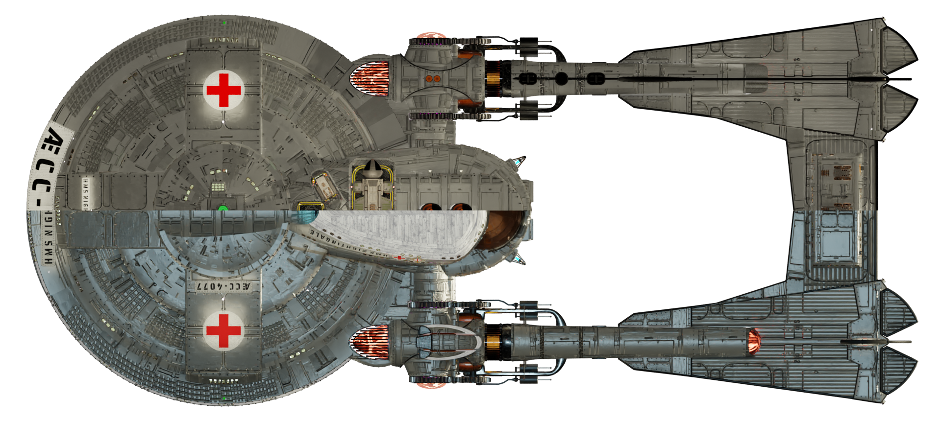 Image of the steam powered starship HMS NIGHTINGALE from Steam Trek - Deck/Keel View