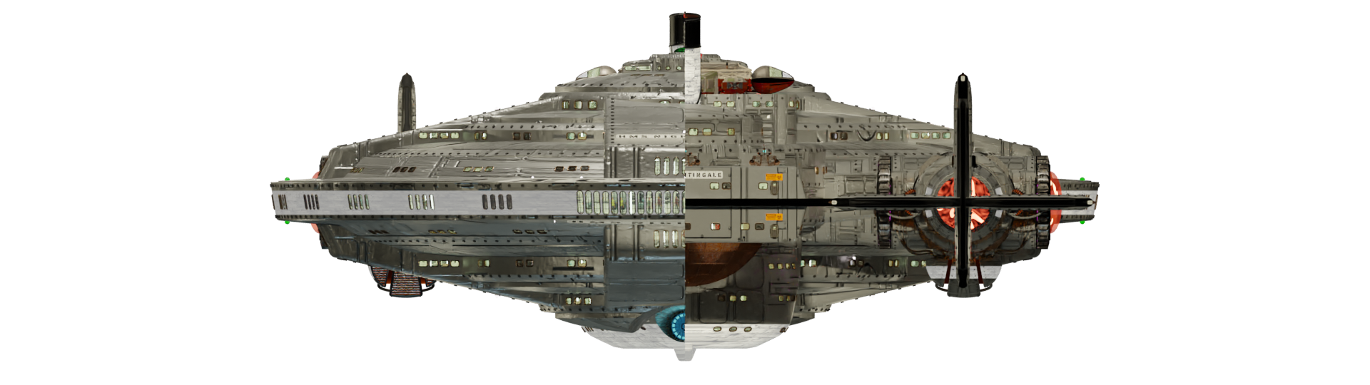 Image of the steam powered starship HMS NIGHTINGALE from Steam Trek - Forward/Aft View