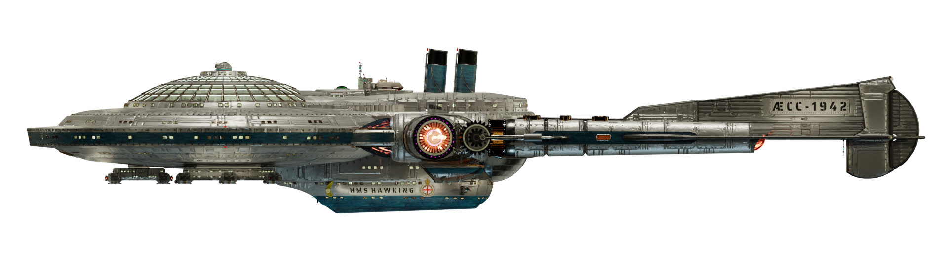 Image of the steam powered starship HMS HAWKING from Steam Trek - Port View