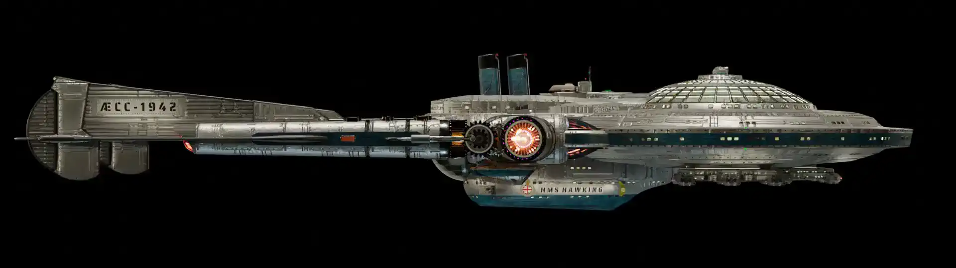 Animated, rotating 3D image of the steam powered starship HMS HAWKING from Steam Trek