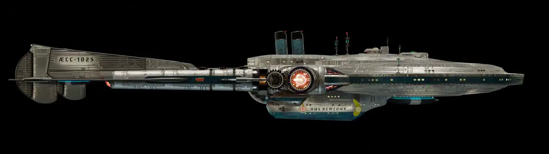 Animated, rotating 3D image of the steam powered starship HMS NEWCOMB from Steam Trek