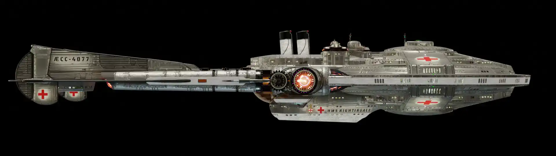 Animated, rotating 3D image of the steam powered starship HMS NIGHTINGALE from Steam Trek