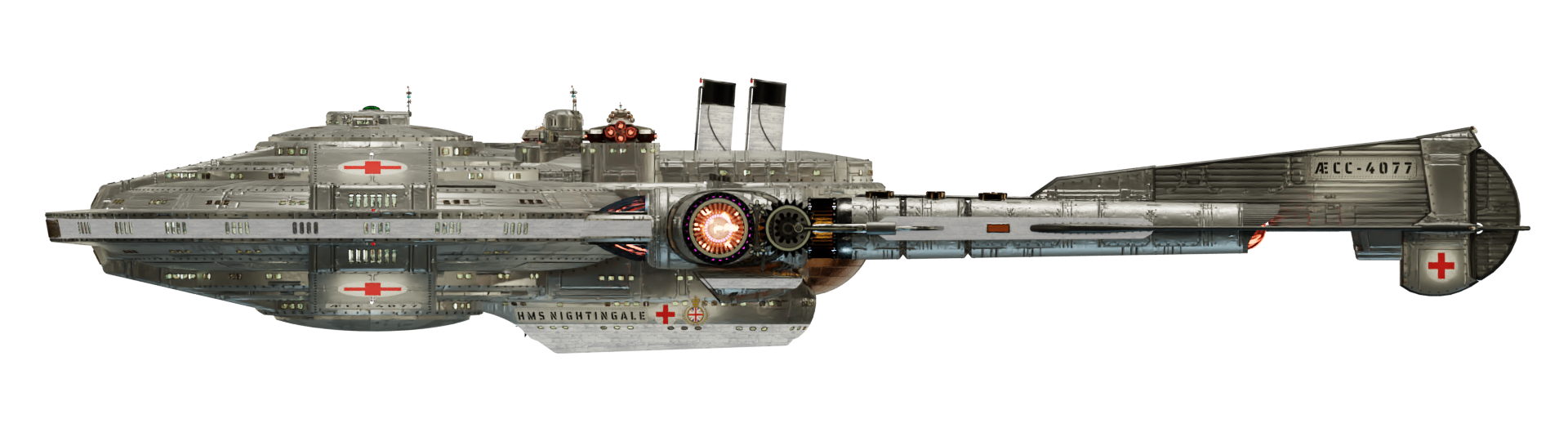 Image of the steam powered starship HMS NIGHTINGALE from Steam Trek - Port View