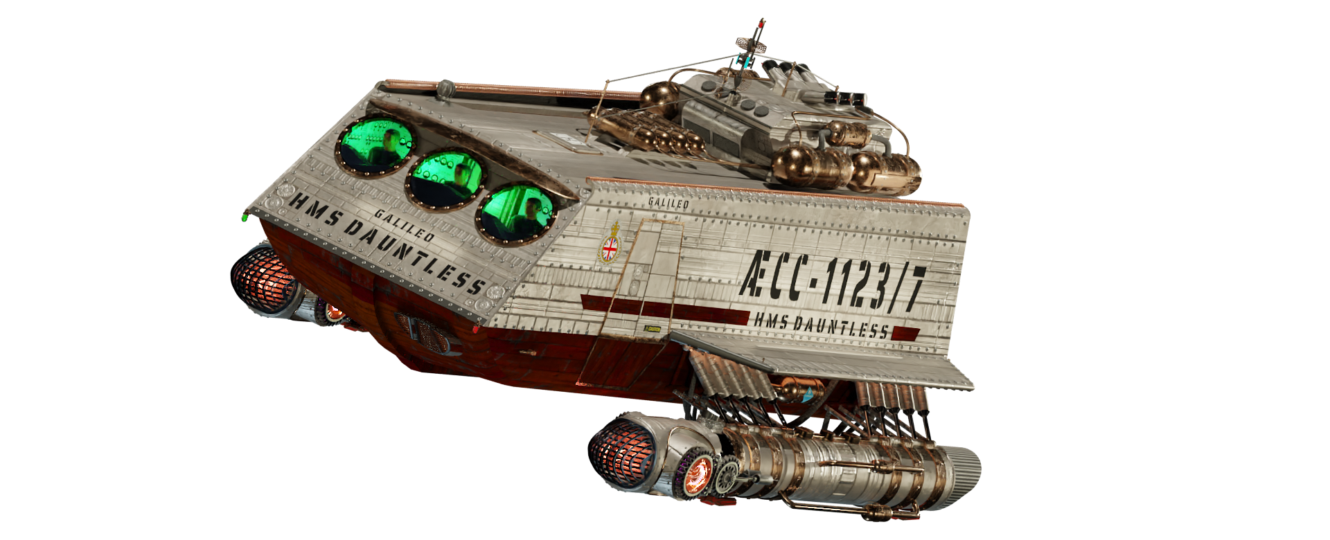Image of the steampunk, steam powered starship HMS GALILEO from Steam Trek - Action Shot Image of the steampunk, steam powered starship HMS GALILEO from Steam Trek - Action Shot