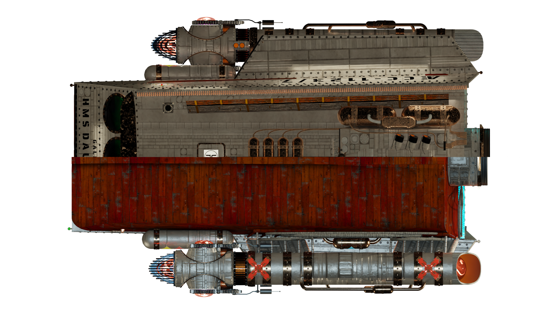 Image of the steampunk, steam powered starship HMS GALILEO from Steam Trek - Dorsal/Ventral View Image of the steampunk, steam powered starship HMS GALILEO from Steam Trek - Deck/Keel View