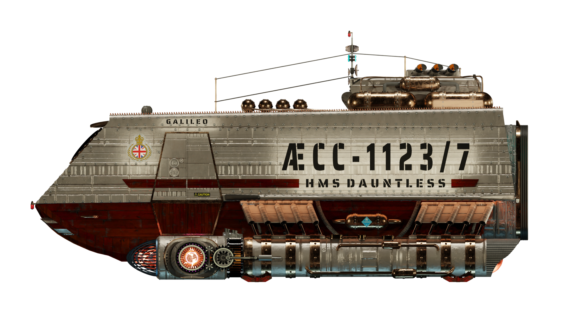 Image of the steampunk, steam powered starship HMS GALILEO from Steam Trek - Port View Image of the steampunk, steam powered starship HMS GALILEO from Steam Trek - Port View