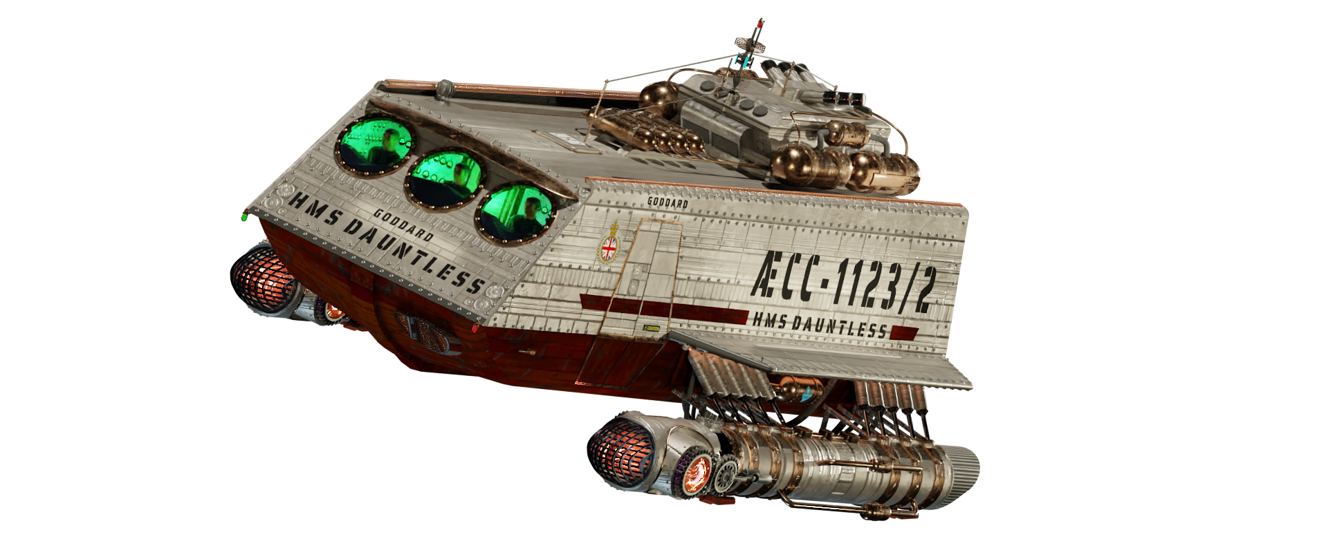 Image of the steampunk, steam powered starship HMS GODDARD from Steam Trek - Action Shot Image of the steampunk, steam powered starship HMS GODDARD from Steam Trek - Action Shot
