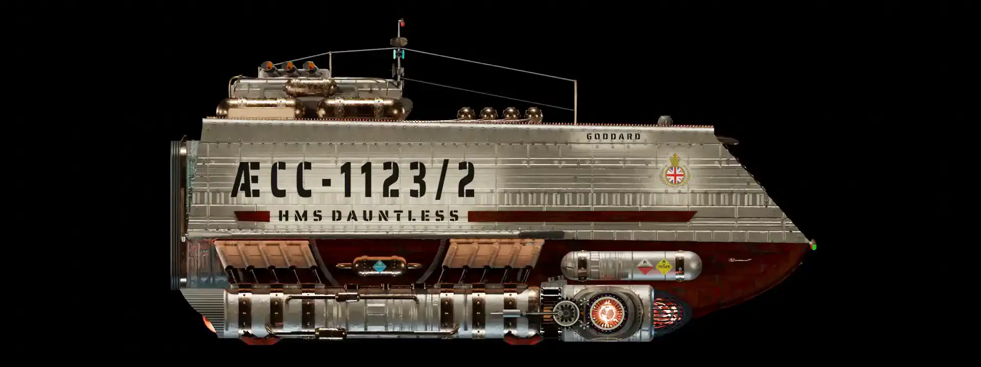 Animated, rotating 3D image of the steampunk, steam powered starship HMS GODDARD from Steam Trek Animated, rotating 3D image of the steampunk, steam powered starship HMS GODDARD from Steam Trek